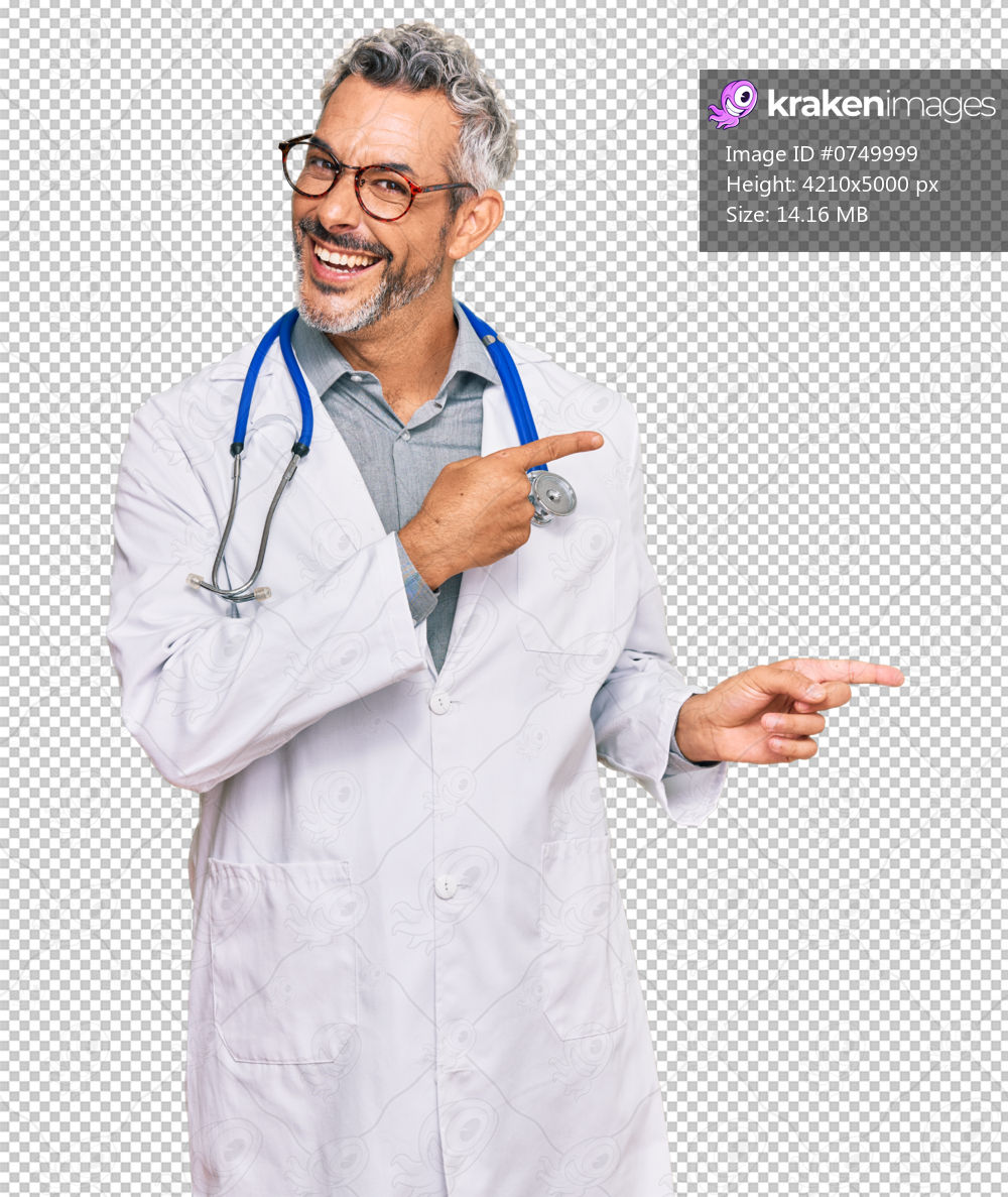 Middle age grey-haired man wearing doctor uniform and stethoscope smiling and looking at the camera pointing with two hands and fingers to the side.