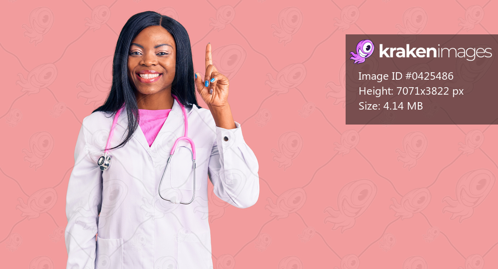 Young african american woman wearing doctor stethoscope showing and pointing up with finger number one while smiling confident and happy. 