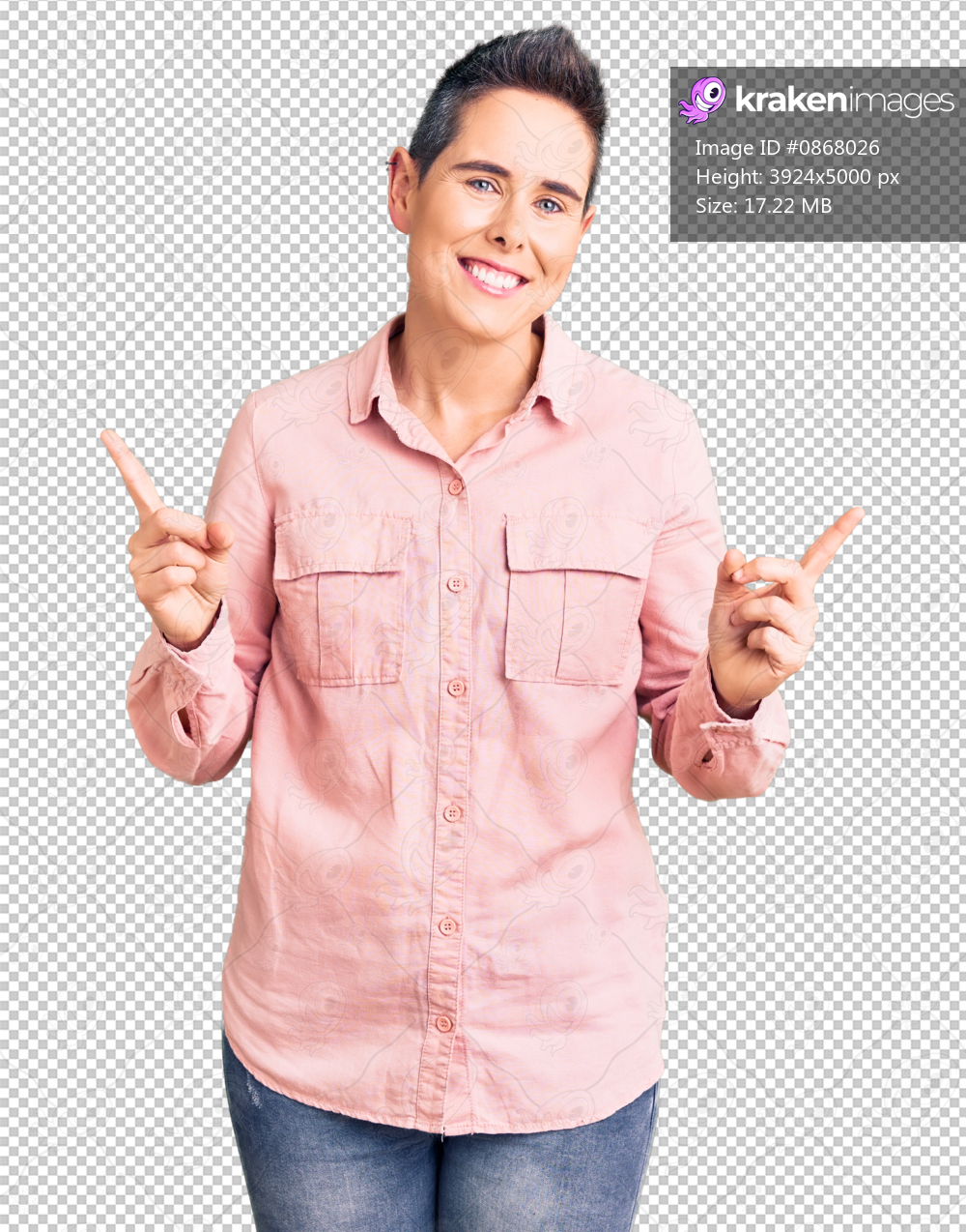 Young woman with short hair wearing casual clothes smiling confident pointing with fingers to different directions. copy space for advertisement