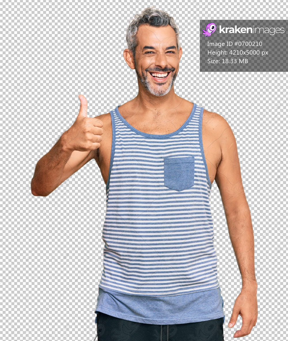 Middle age grey-haired man wearing casual style with sleeveless shirt smiling happy and positive, thumb up doing excellent and approval sign