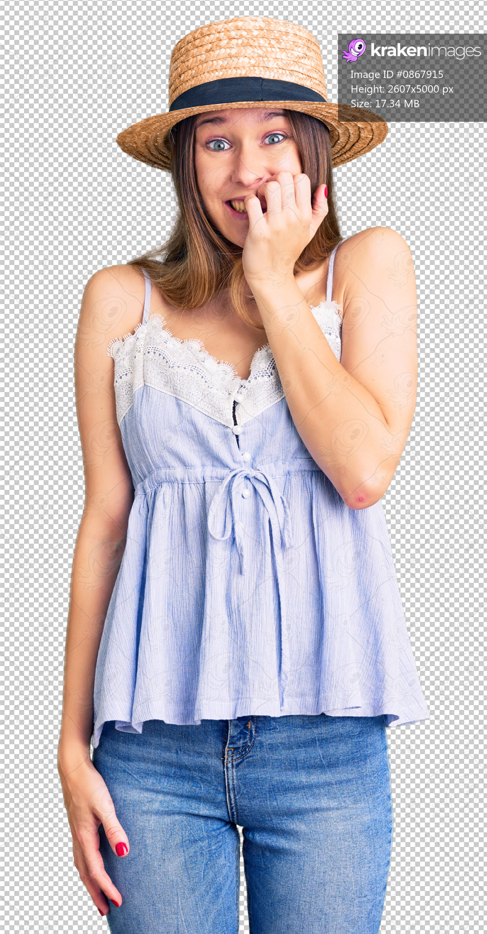 Beautiful brunette young woman wearing summer hat looking stressed and nervous with hands on mouth biting nails. anxiety problem.