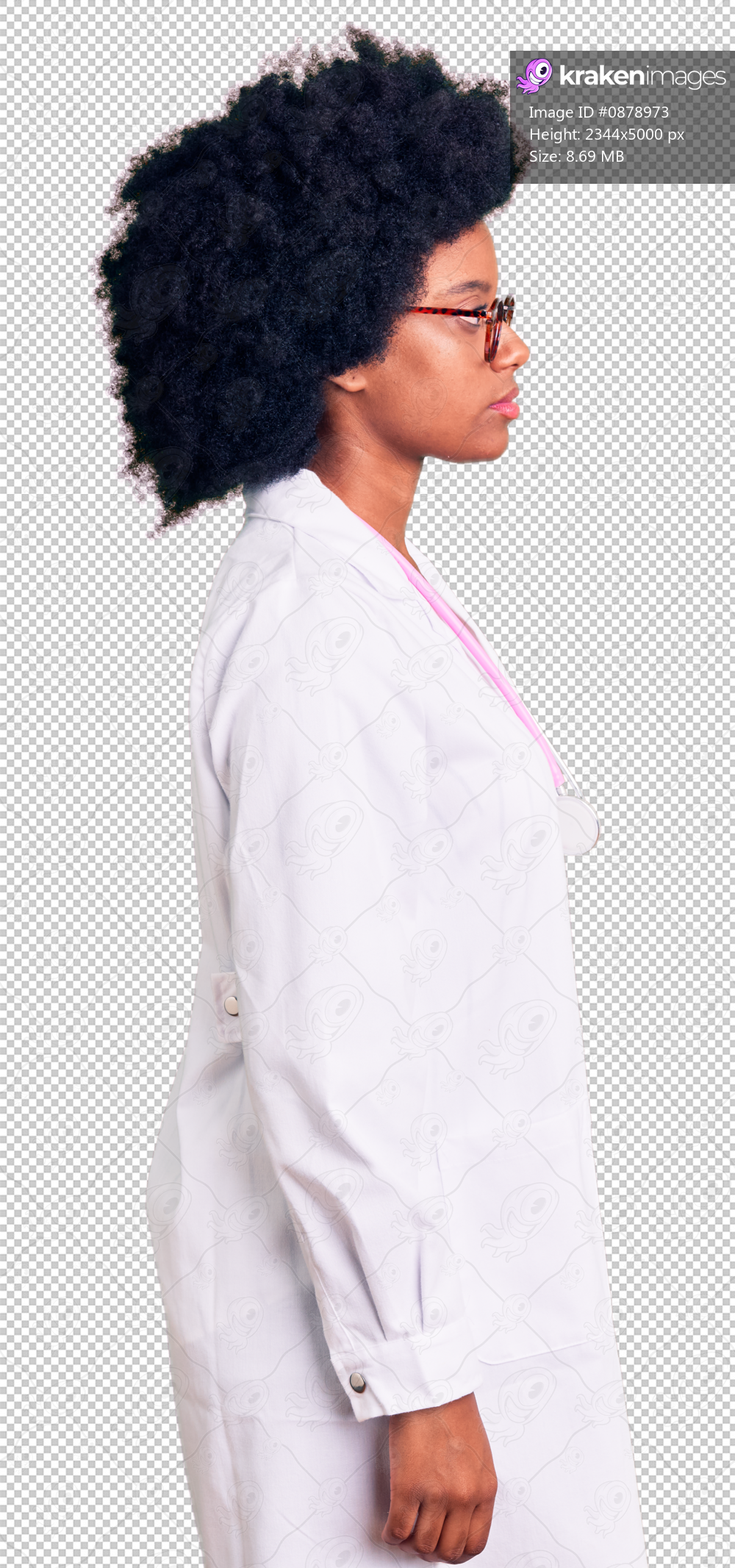 Young african american woman wearing doctor coat and stethoscope looking to side, relax profile pose with natural face and confident smile.