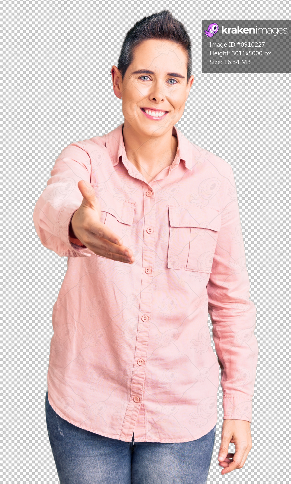 Young woman with short hair wearing casual clothes smiling cheerful offering palm hand giving assistance and acceptance.